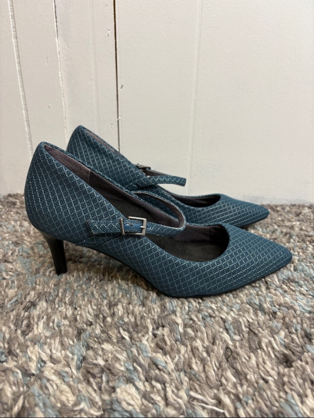 Betabrand Shoes Womens 8 Teal Patterned Mile Marker Pointed Toe Mary Jane Heels